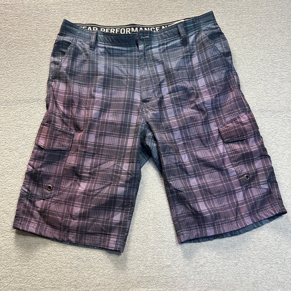 Vintage Y2K No Fear Cargo Shorts Mens 34 Plaid Purple Gray Surf Skate Grunge Emo